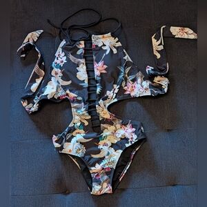 Rachel Roy - Floral Print Cutout One-Piece Swimsuit "Black Swan"